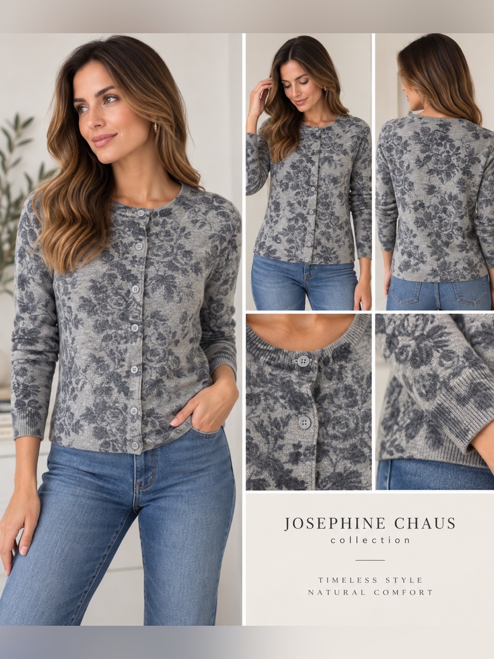 Josephine Chaus 100% Wool Gray Floral Button Front Cardigan S
